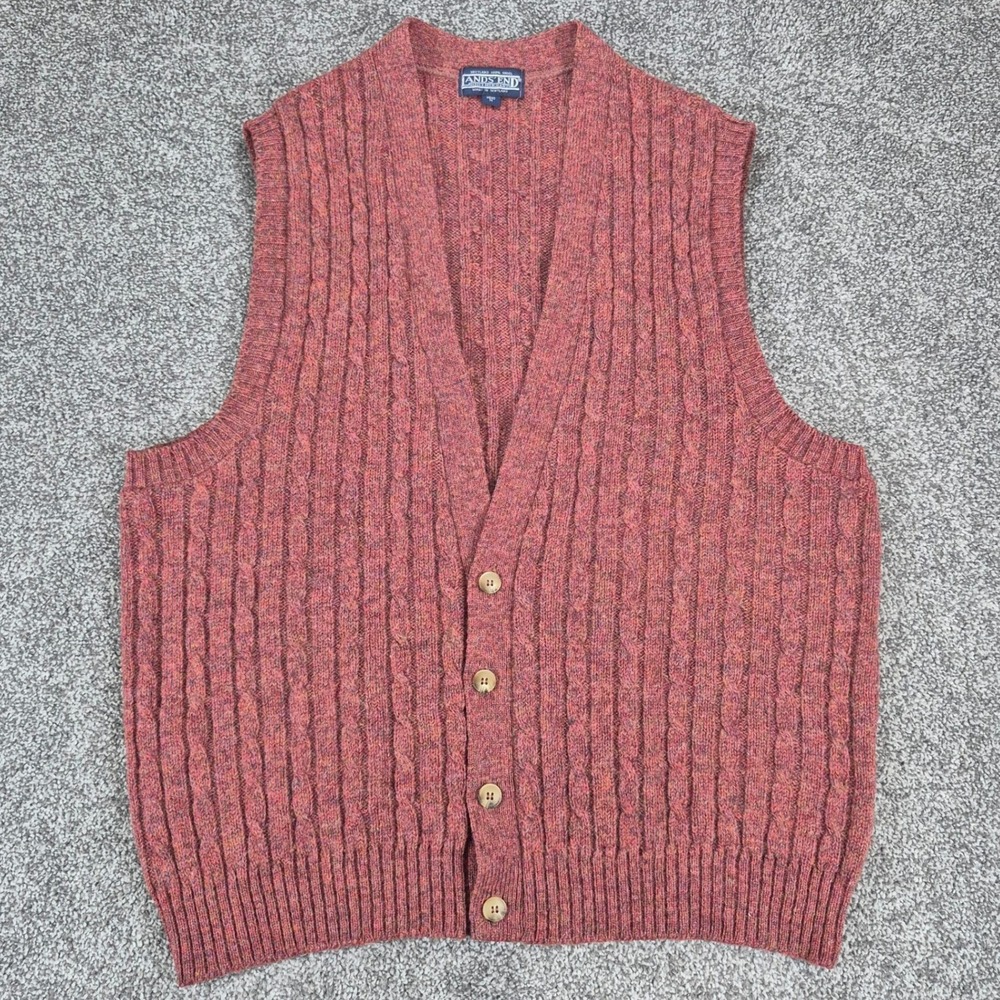 Vintage Lands End Sweater Vest Men Medium Shetland Wool Cable Knit Made Scotland